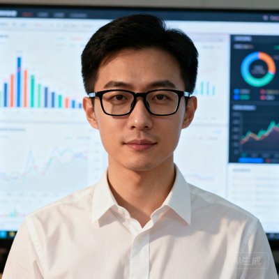 王浩，JRS看球网数据分析总监，戴黑框眼镜穿白色衬衫，背景是实时数据大屏显示着各种图表